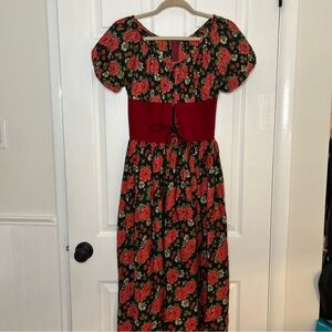 Vintage 1970s Floral Peasant Corset Maxi Dress